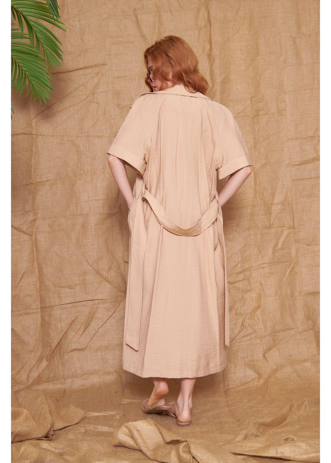 Kısa Kollu Kuşaklı Kimono-Bej