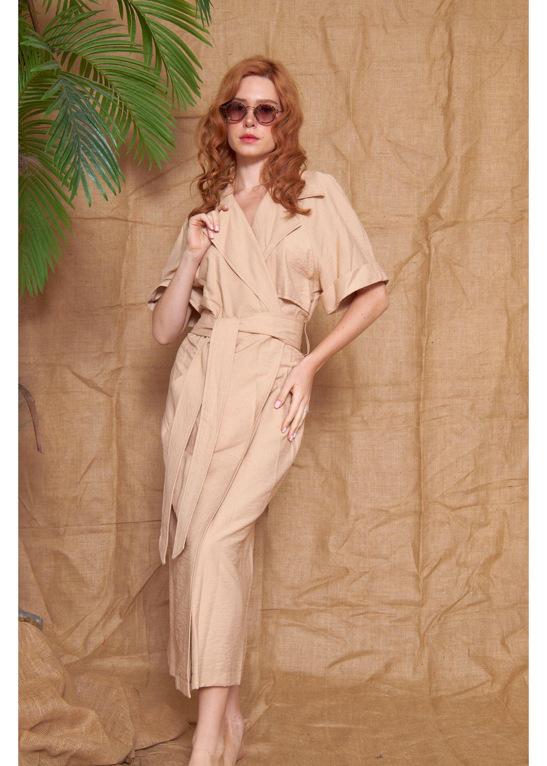 Kısa Kollu Kuşaklı Kimono-Bej