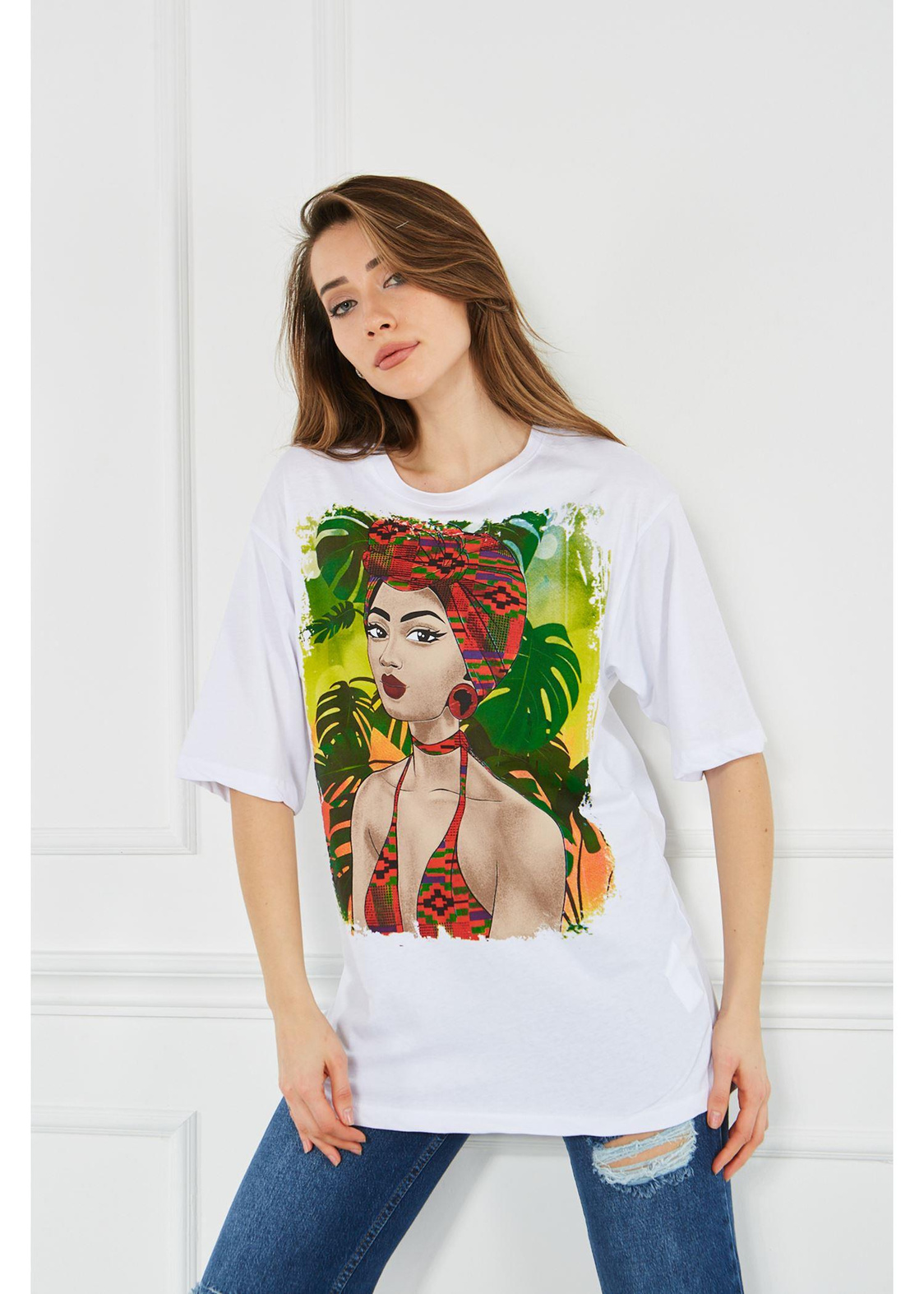 Kız Baskılı Tshirt-Beyaz