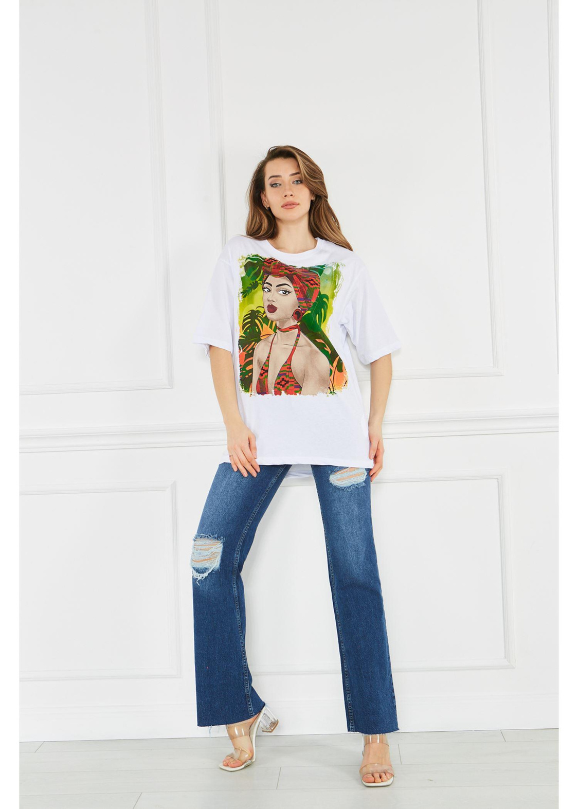 Kız Baskılı Tshirt-Beyaz