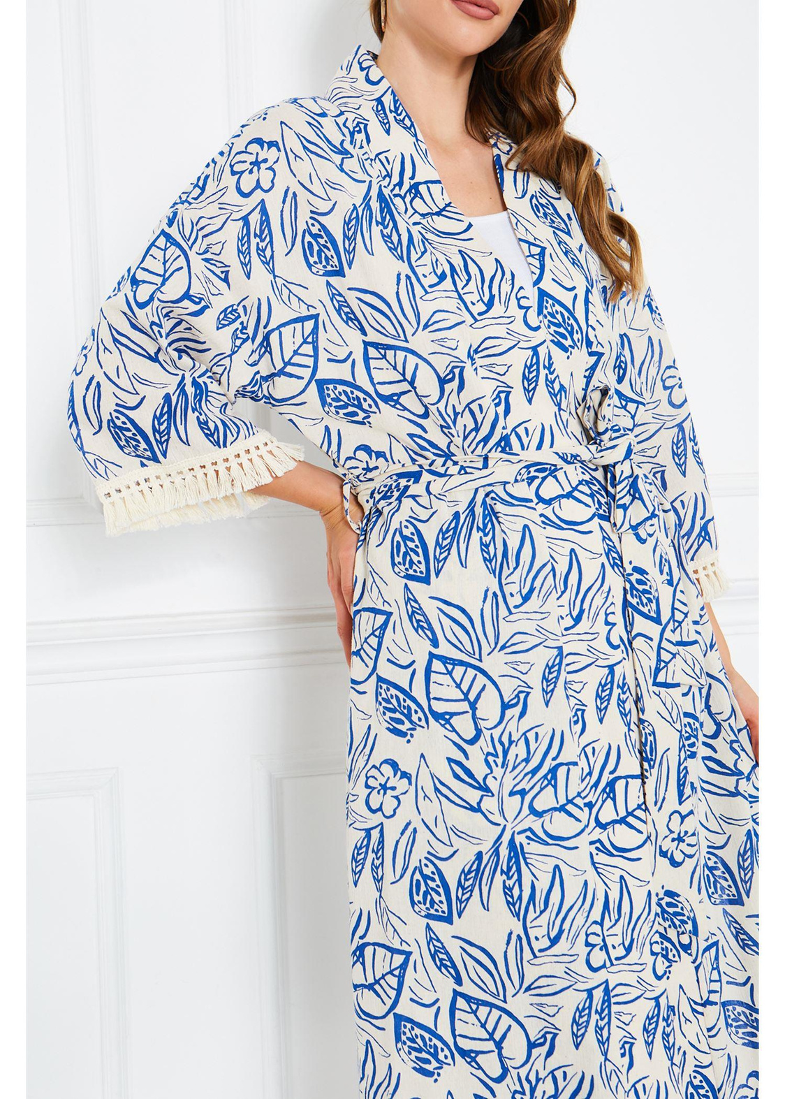 Kolları Püsküllü Kimono-Mavi