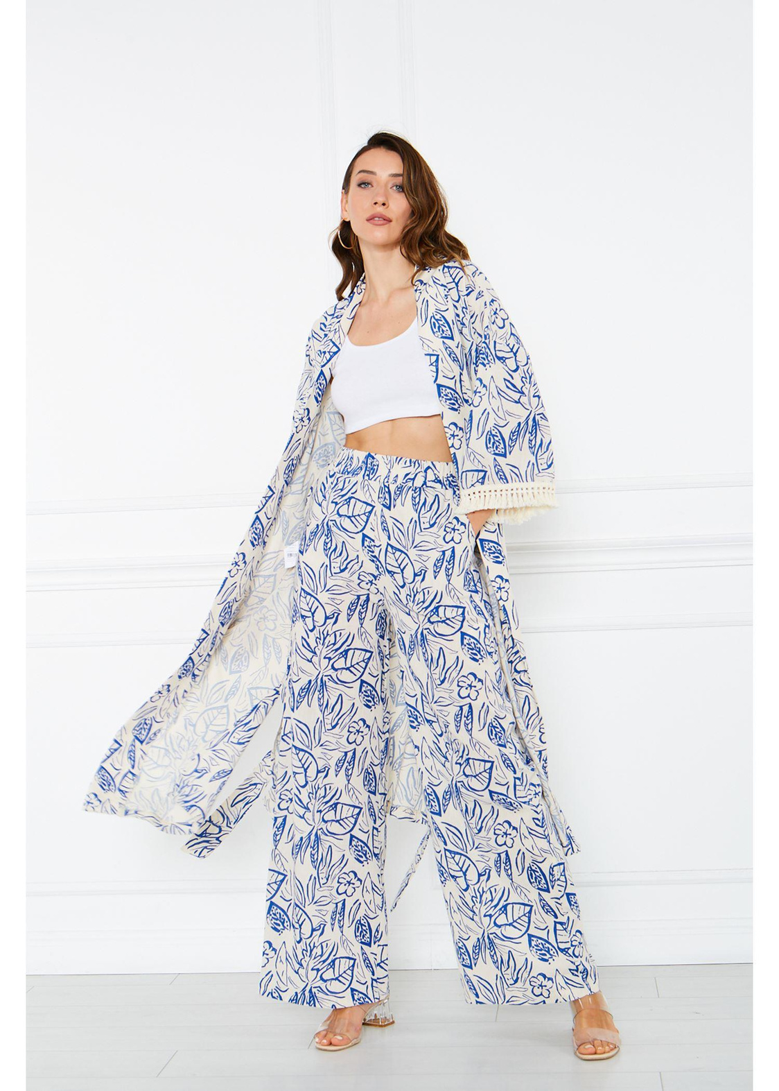 Kolları Püsküllü Kimono-Mavi
