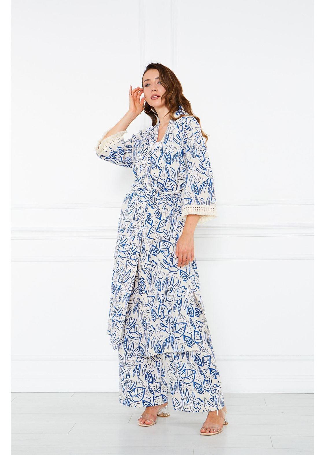 Kolları Püsküllü Kimono-Mavi