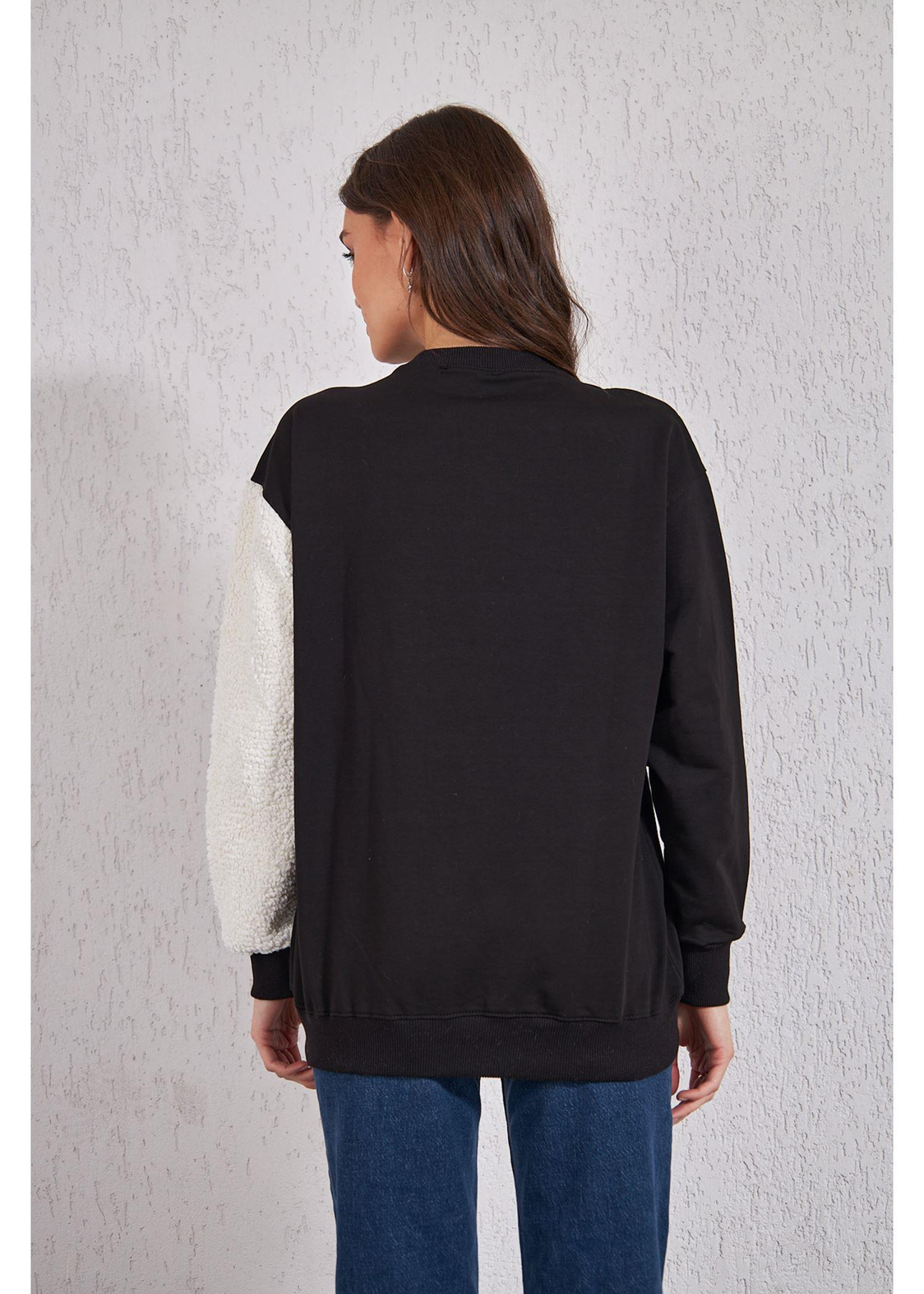 Kollu Peluş Sweat-Siyah