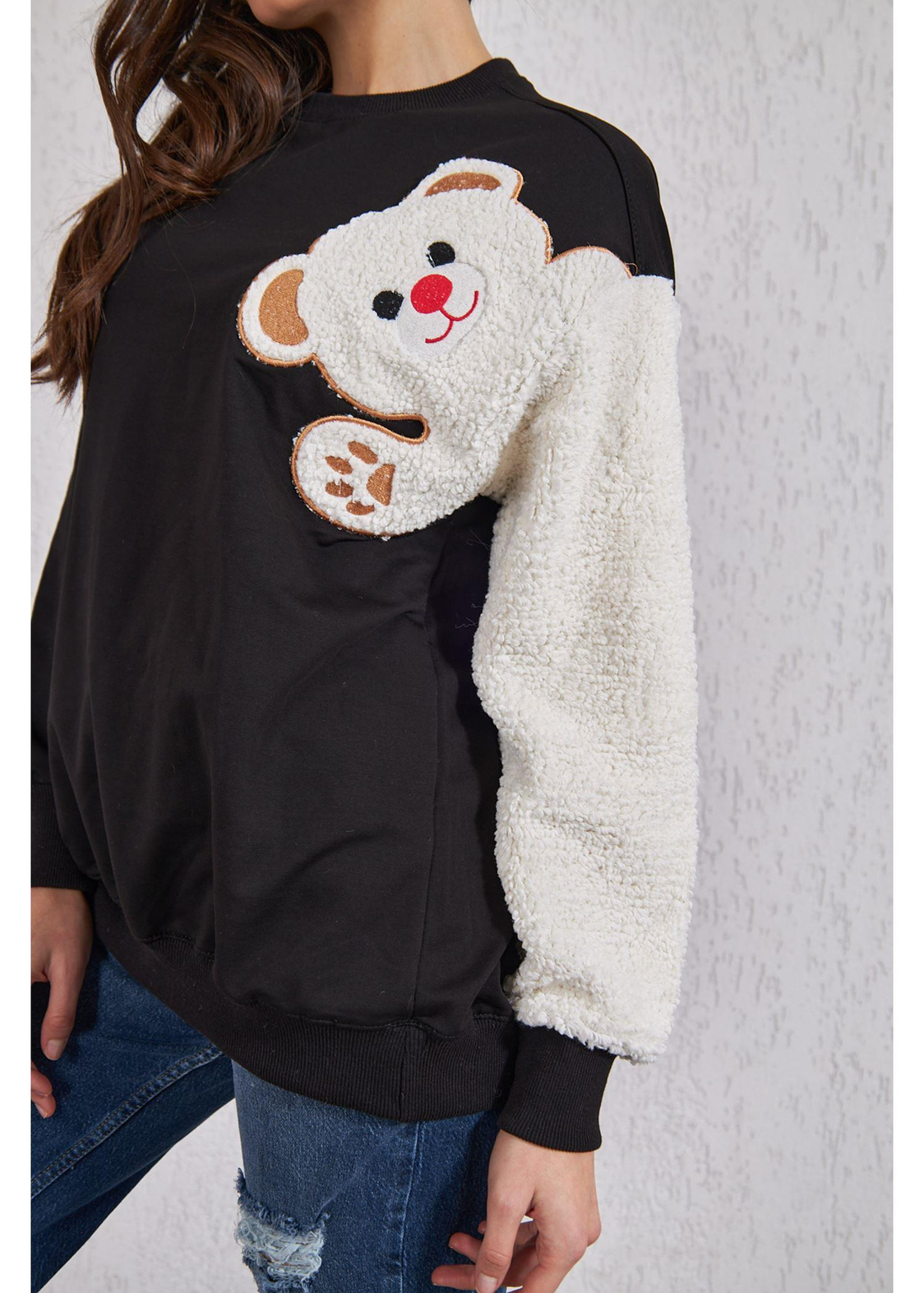 Kollu Peluş Sweat-Siyah