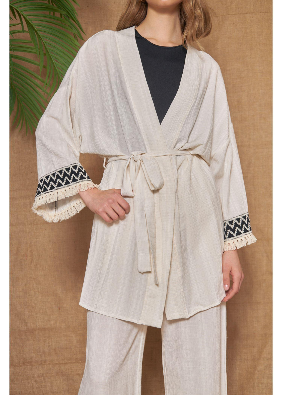 Kolu Nakışlı Krınkıl Keten Kimono-Ekru