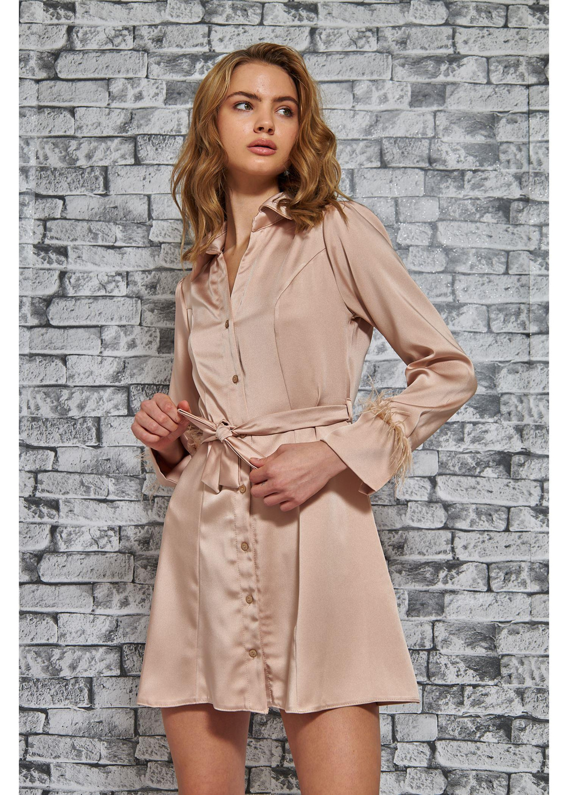 Kolu Tüylü Saten Elbise-Bej