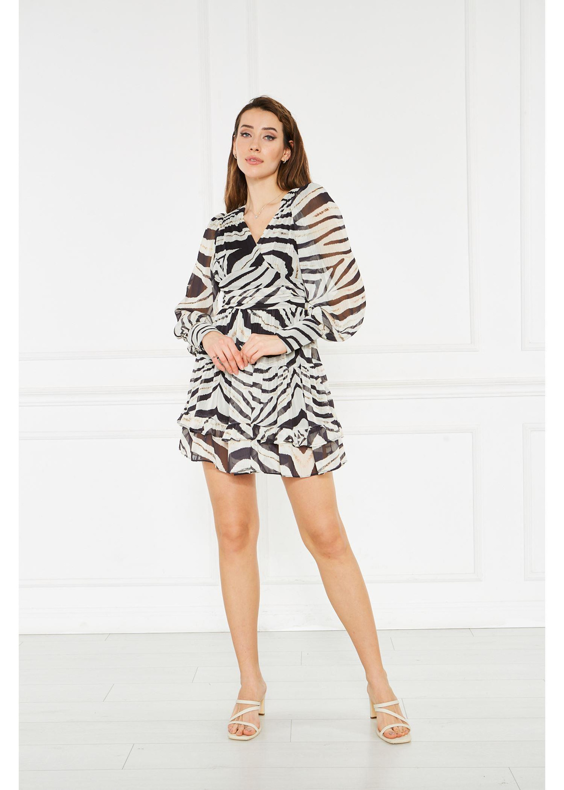 Korsaj Büzgülü Zebra Desenli Şifon Elbise