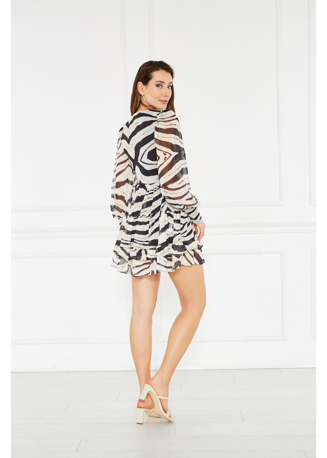 Korsaj Büzgülü Zebra Desenli Şifon Elbise