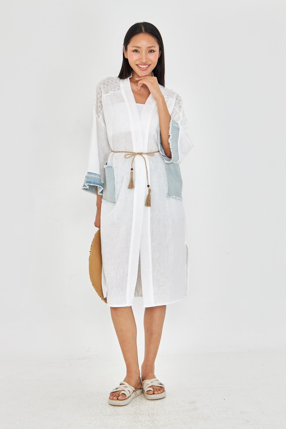 Kot Garnili Brodeli Keten Görünümlü Kimono 