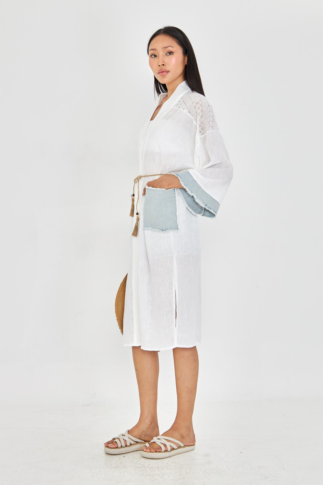 Kot Garnili Brodeli Keten Görünümlü Kimono 