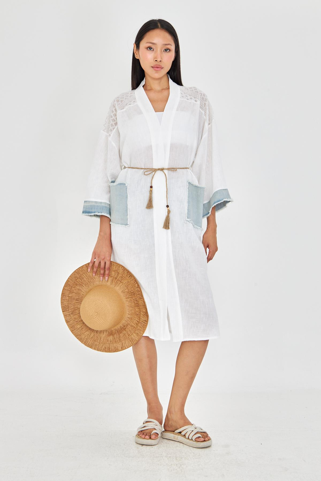 Kot Garnili Brodeli Keten Görünümlü Kimono 