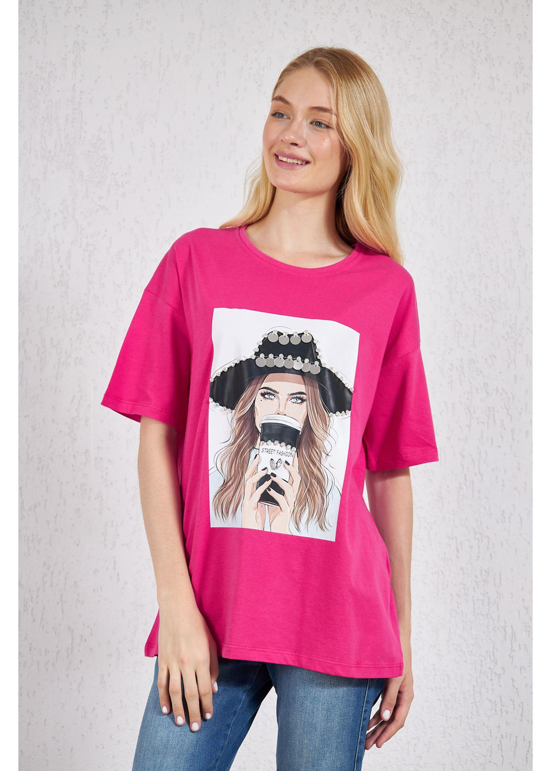 Kovboy Şapkalı Süprem T-Shirt-Fuşya