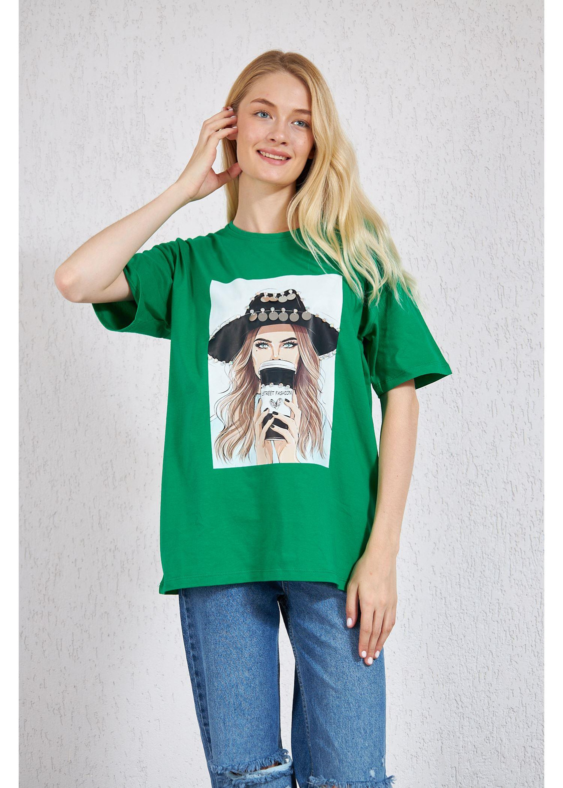 Kovboy Şapkalı Süprem T-Shirt-Yeşil
