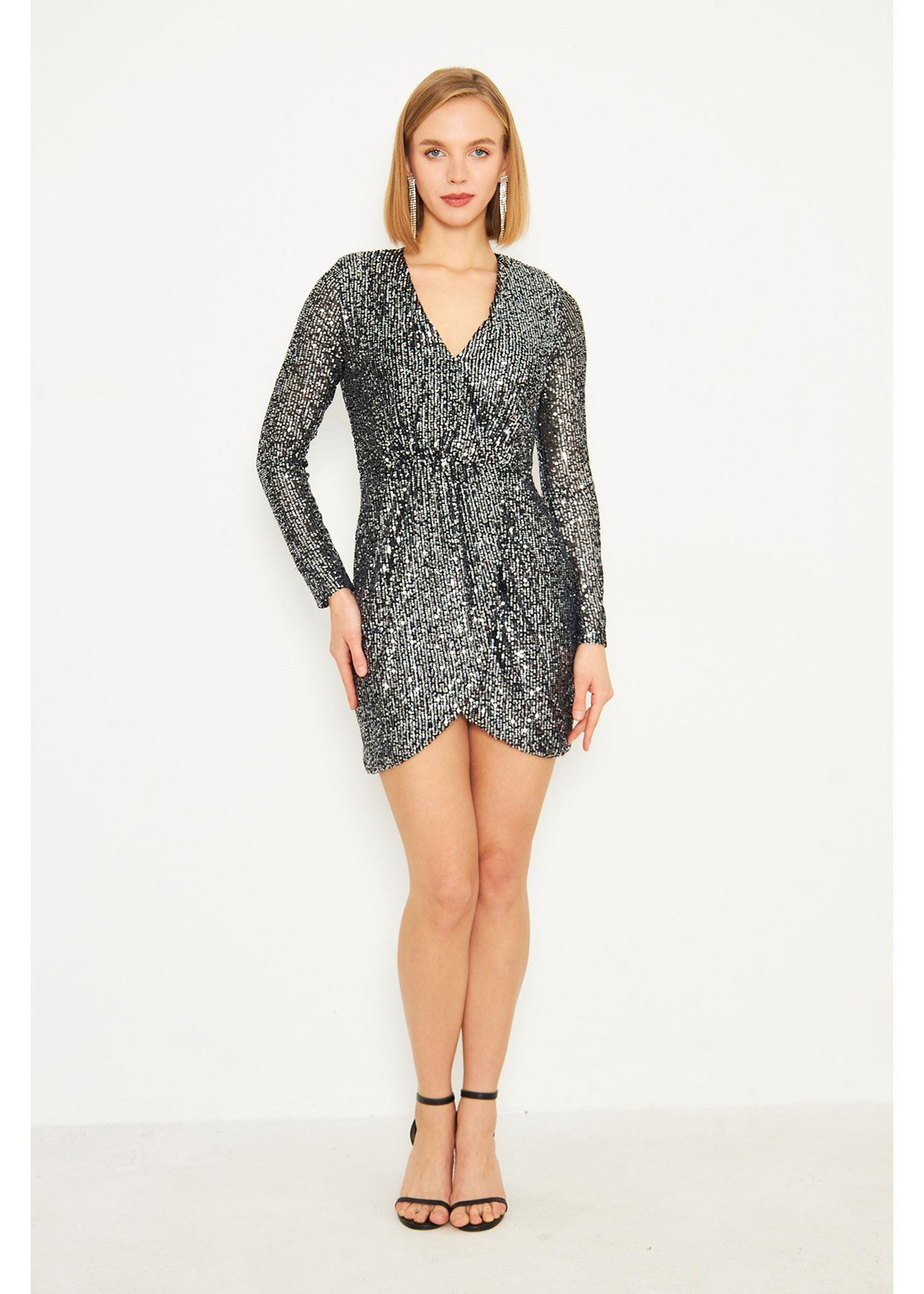 Kruvaze Yaka Gümüş Pul Payet Elbise