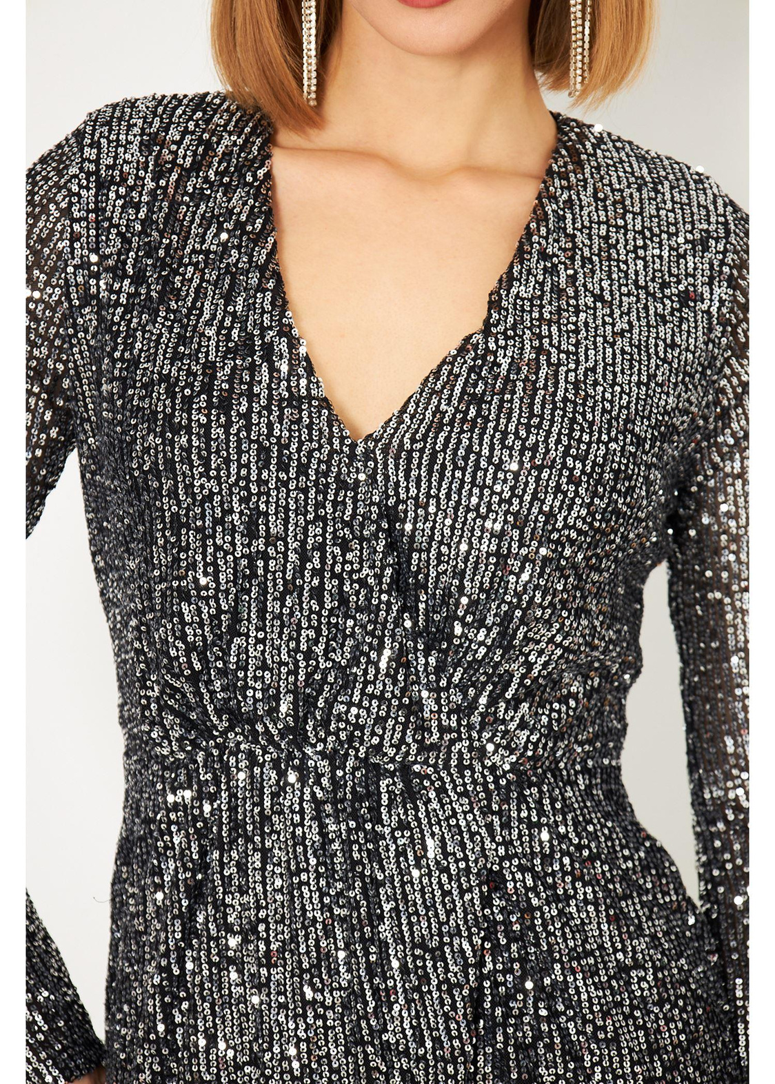 Kruvaze Yaka Gümüş Pul Payet Elbise