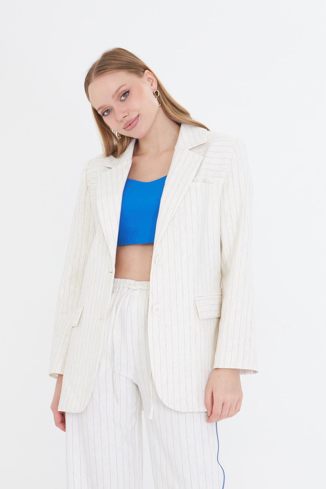 Kruvaze Yaka Keten Karışımlı Ceket