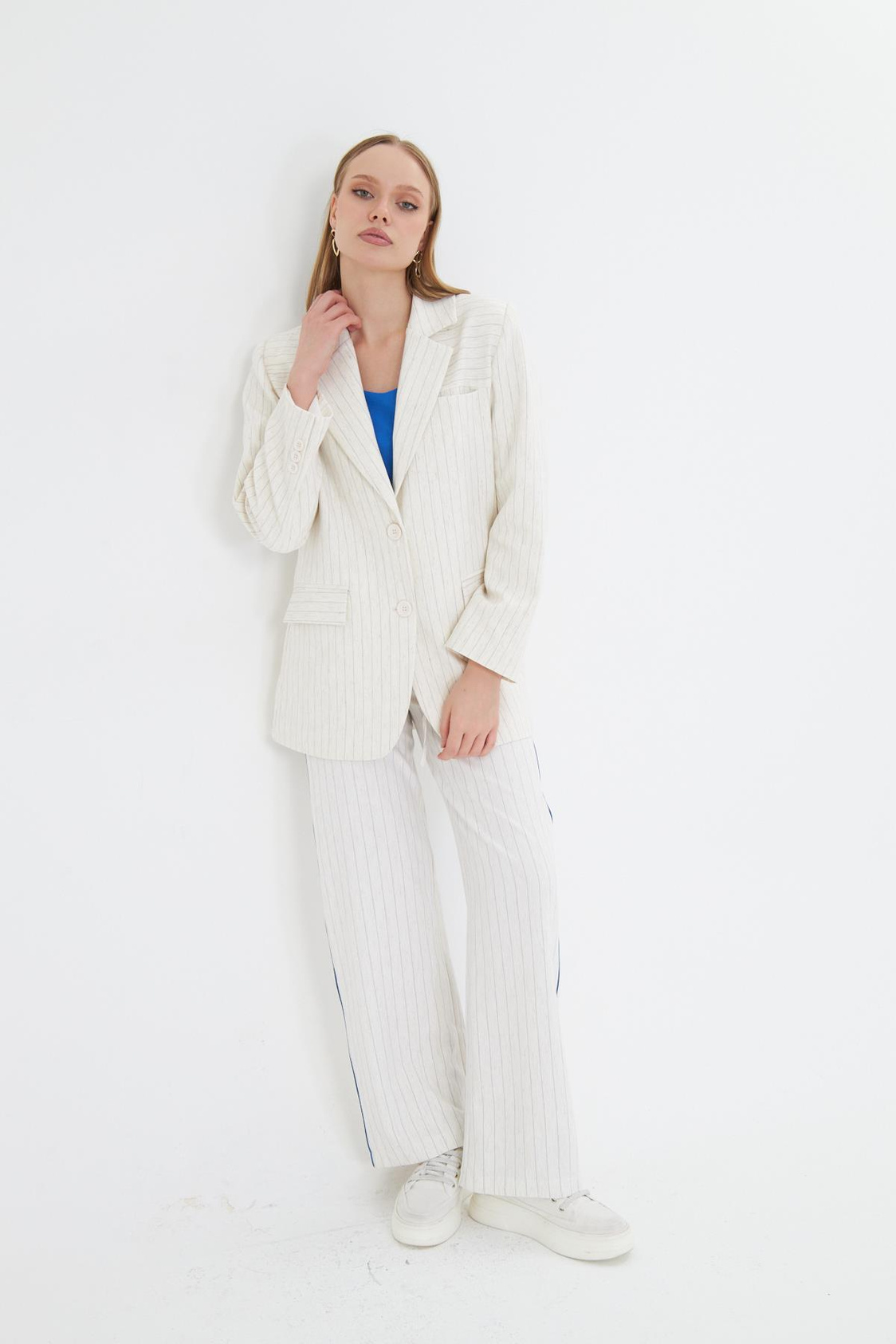 Kruvaze Yaka Keten Karışımlı Ceket