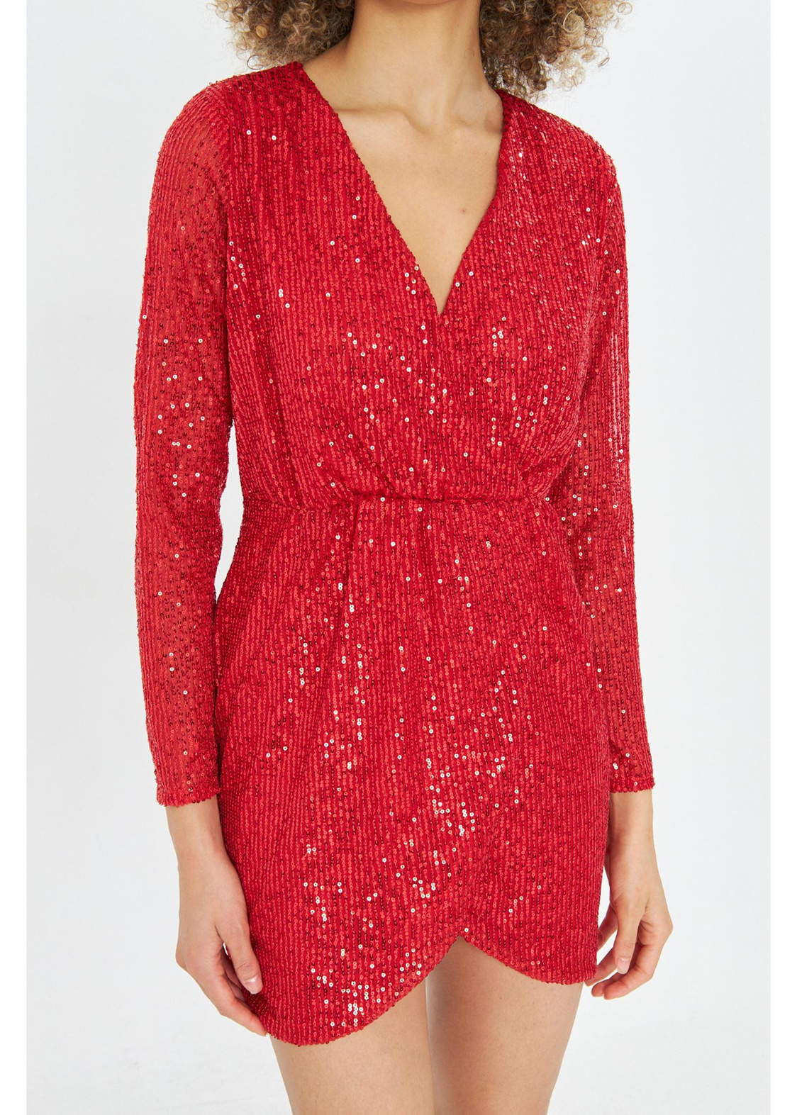 Kruvaze Yaka Pul Payet Elbise