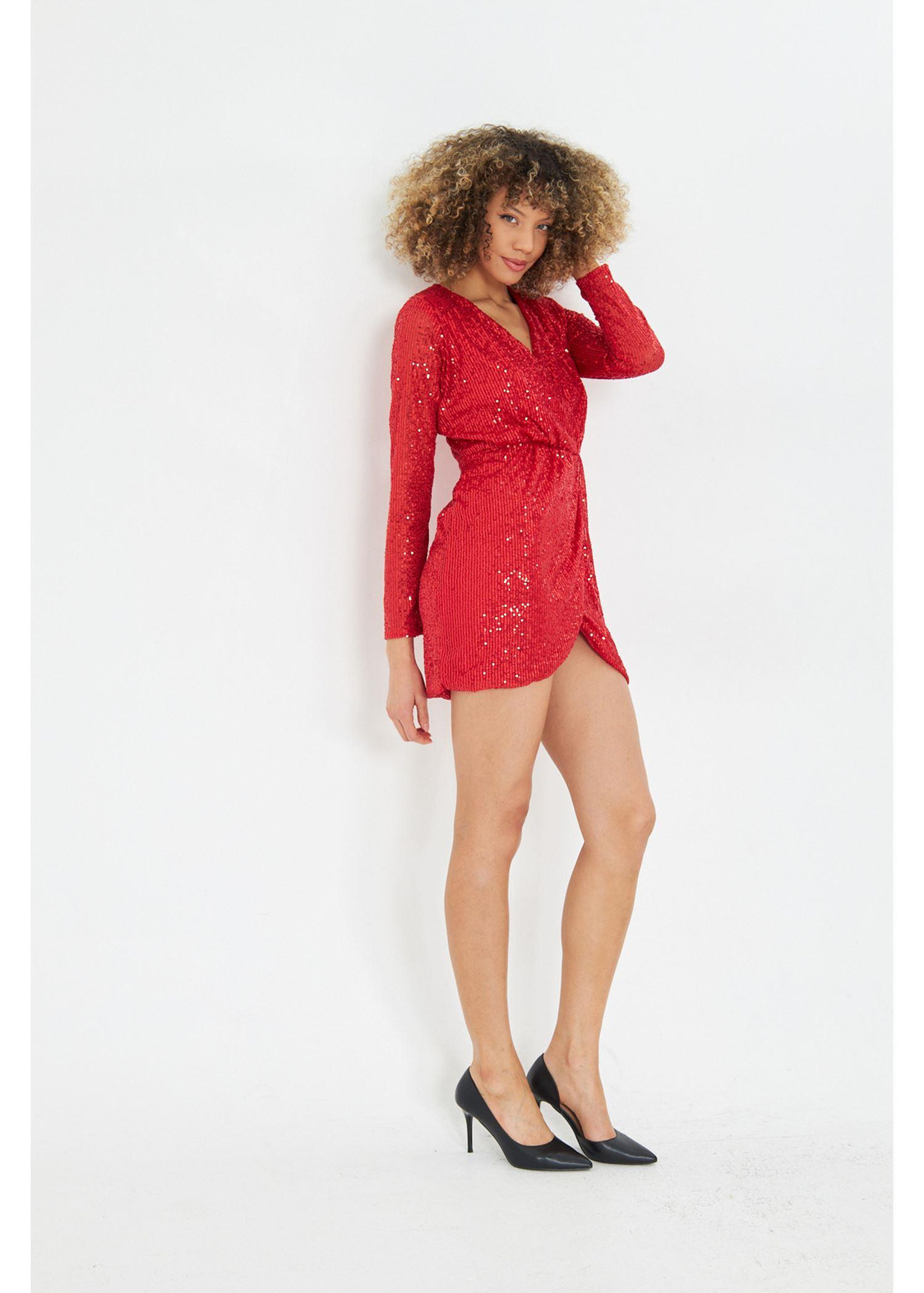 Kruvaze Yaka Pul Payet Elbise