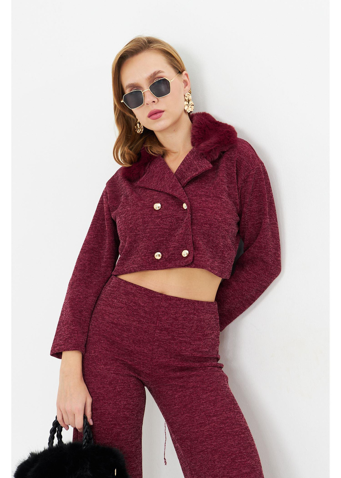Kürklü Triko Crop Ceket - Bordo