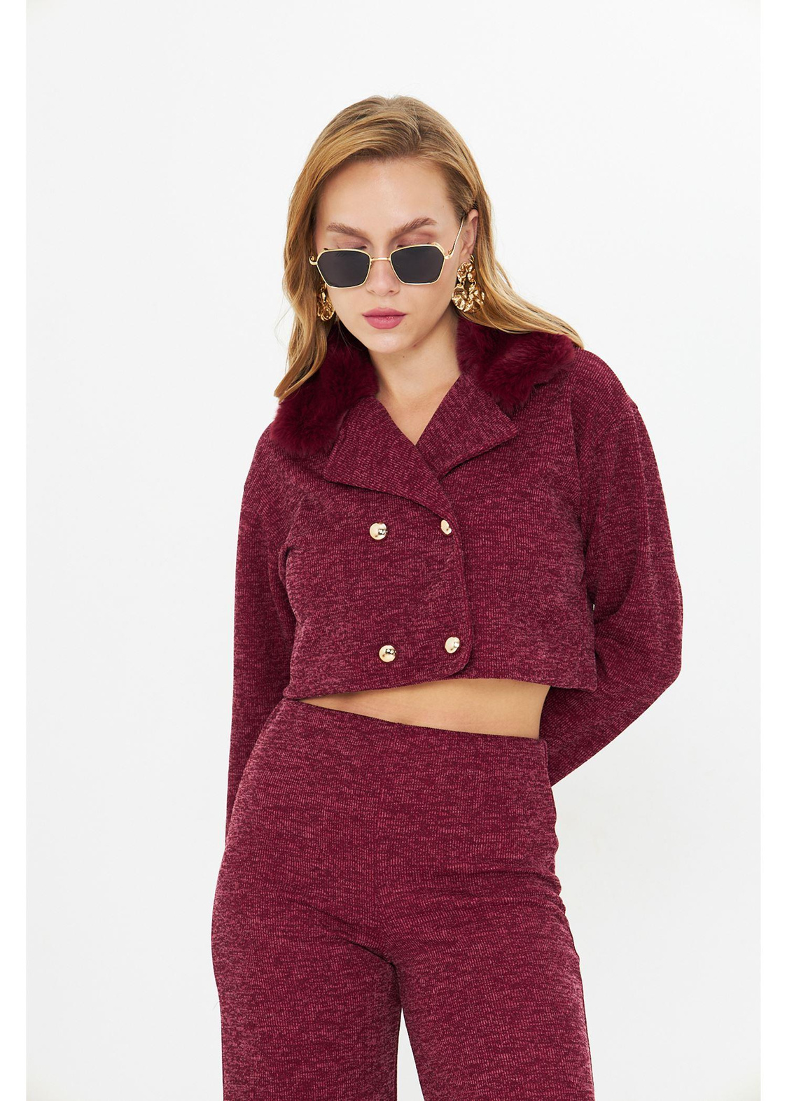 Kürklü Triko Crop Ceket - Bordo
