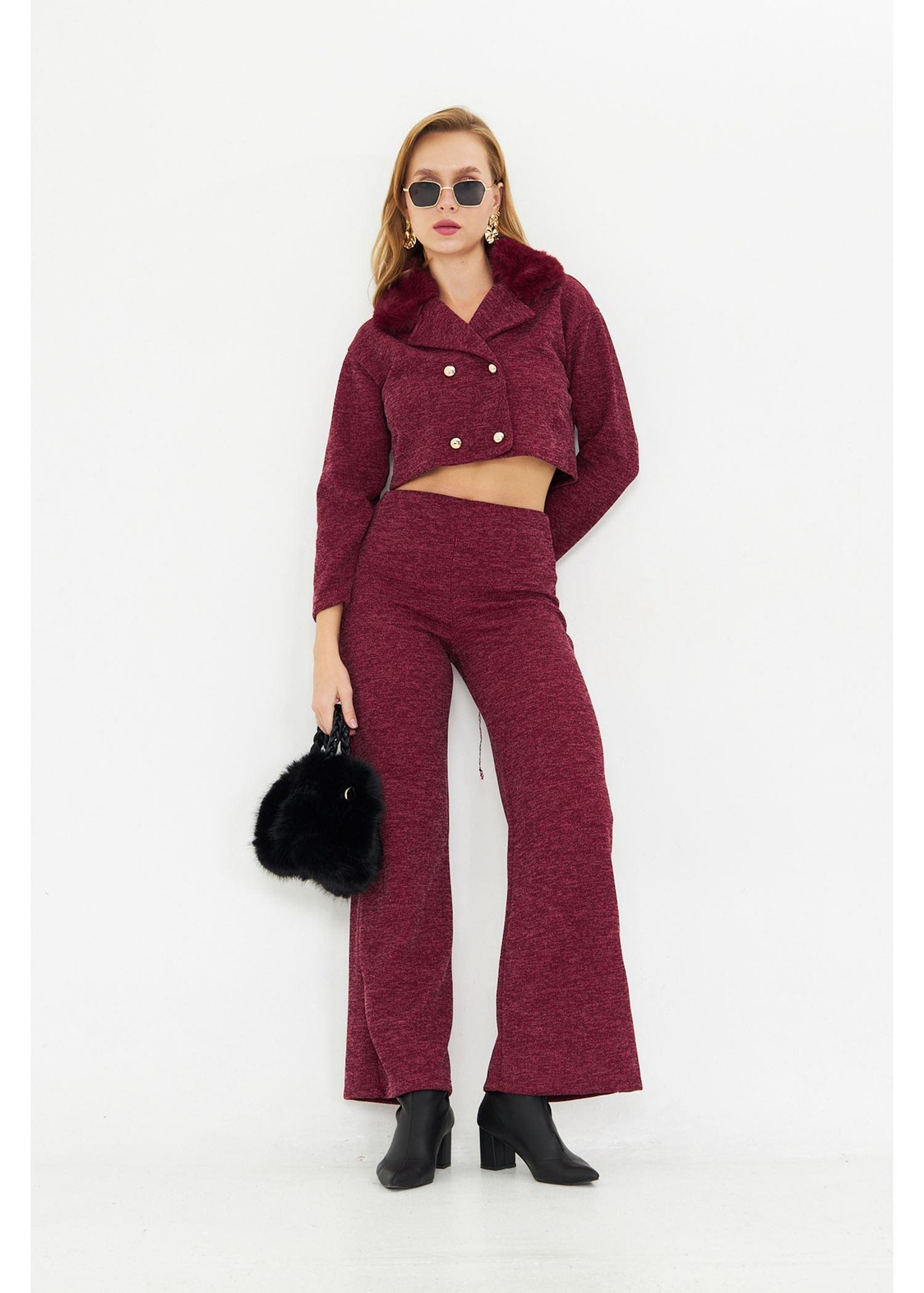 Kürklü Triko Crop Ceket - Bordo