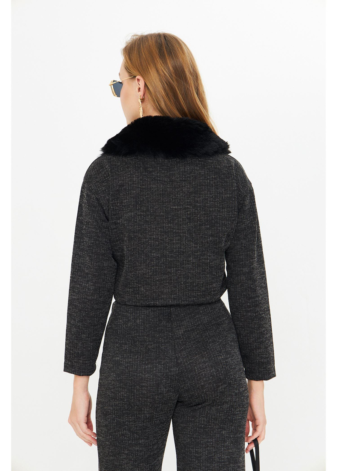 Kürklü Triko Crop Ceket - Siyah