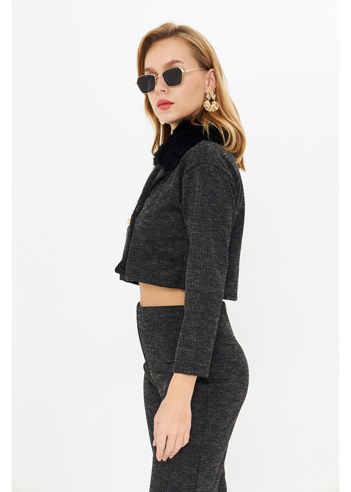 Kürklü Triko Crop Ceket - Siyah