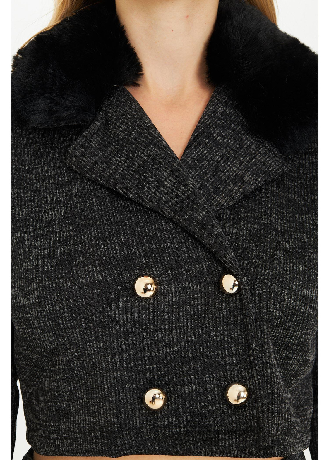 Kürklü Triko Crop Ceket - Siyah