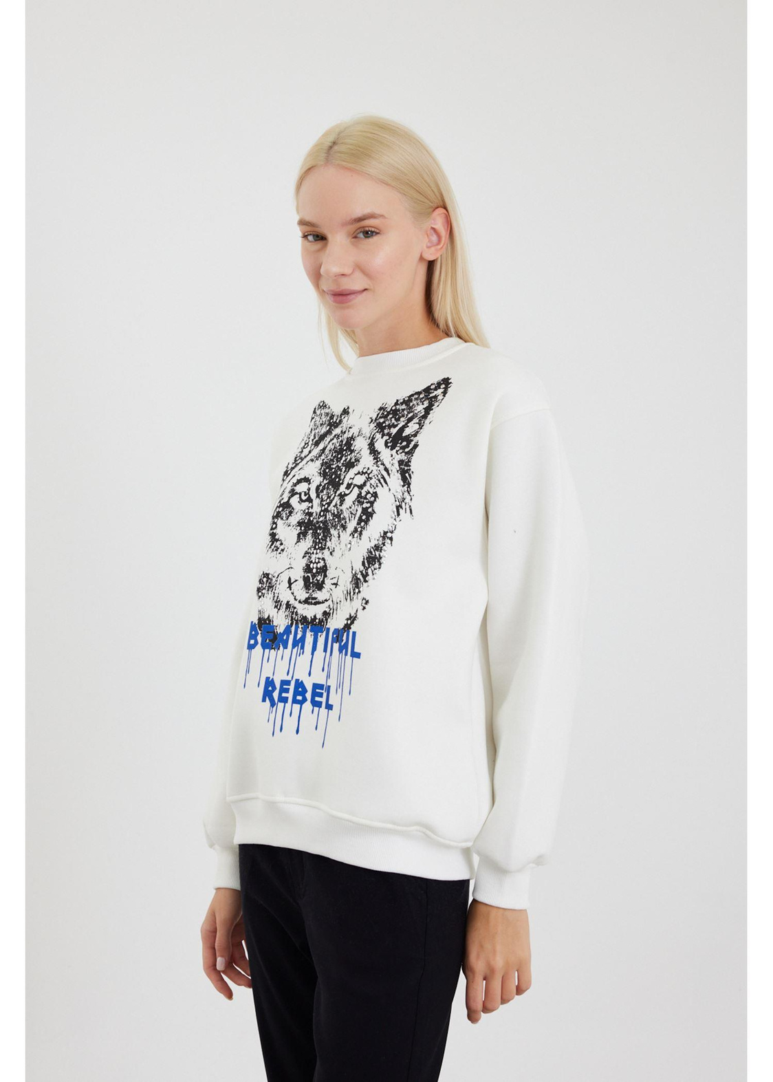 Kurt Baskılı Sweatshirt-Ekru