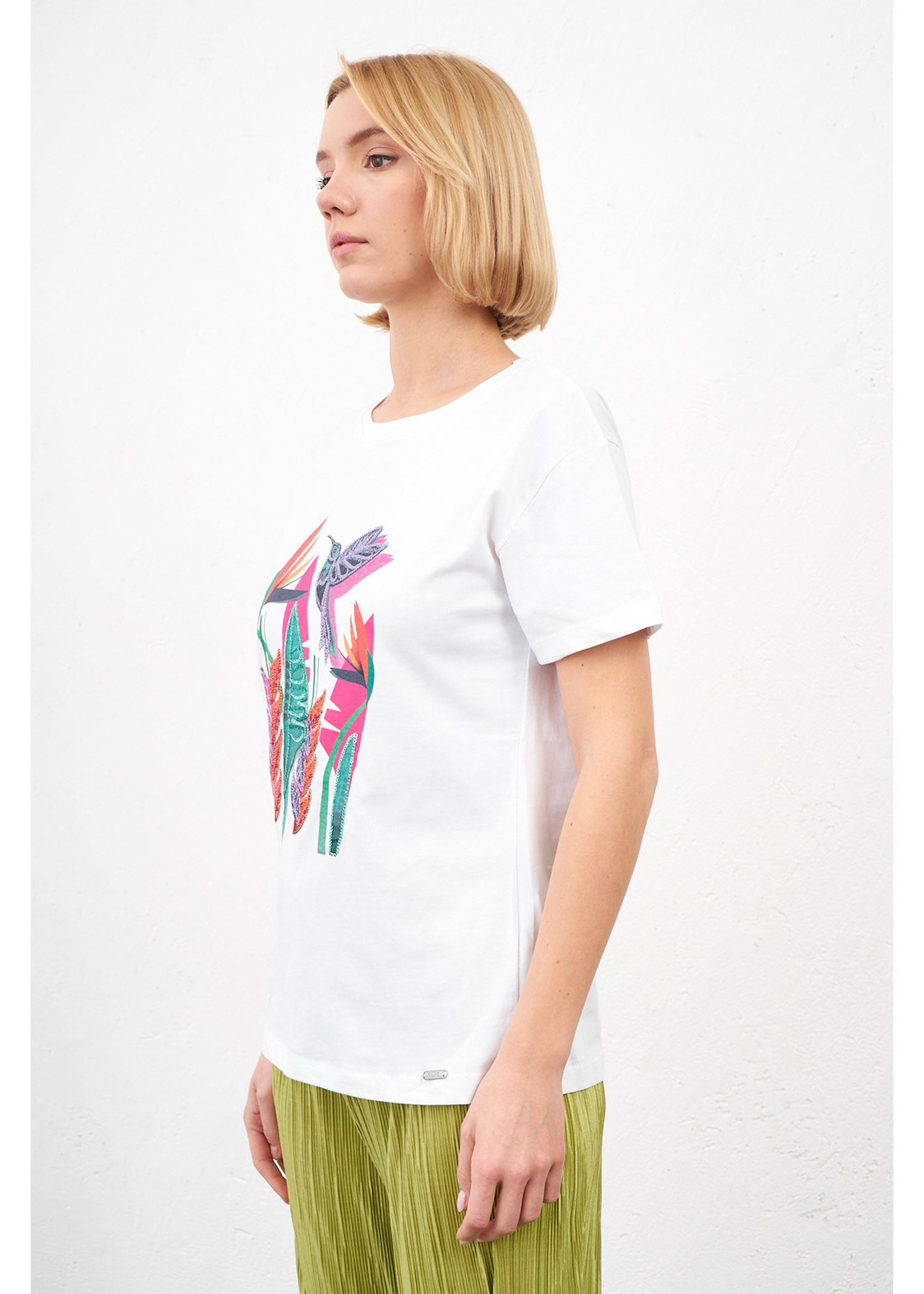 Kuş Baskılı T-shirt-Beyaz