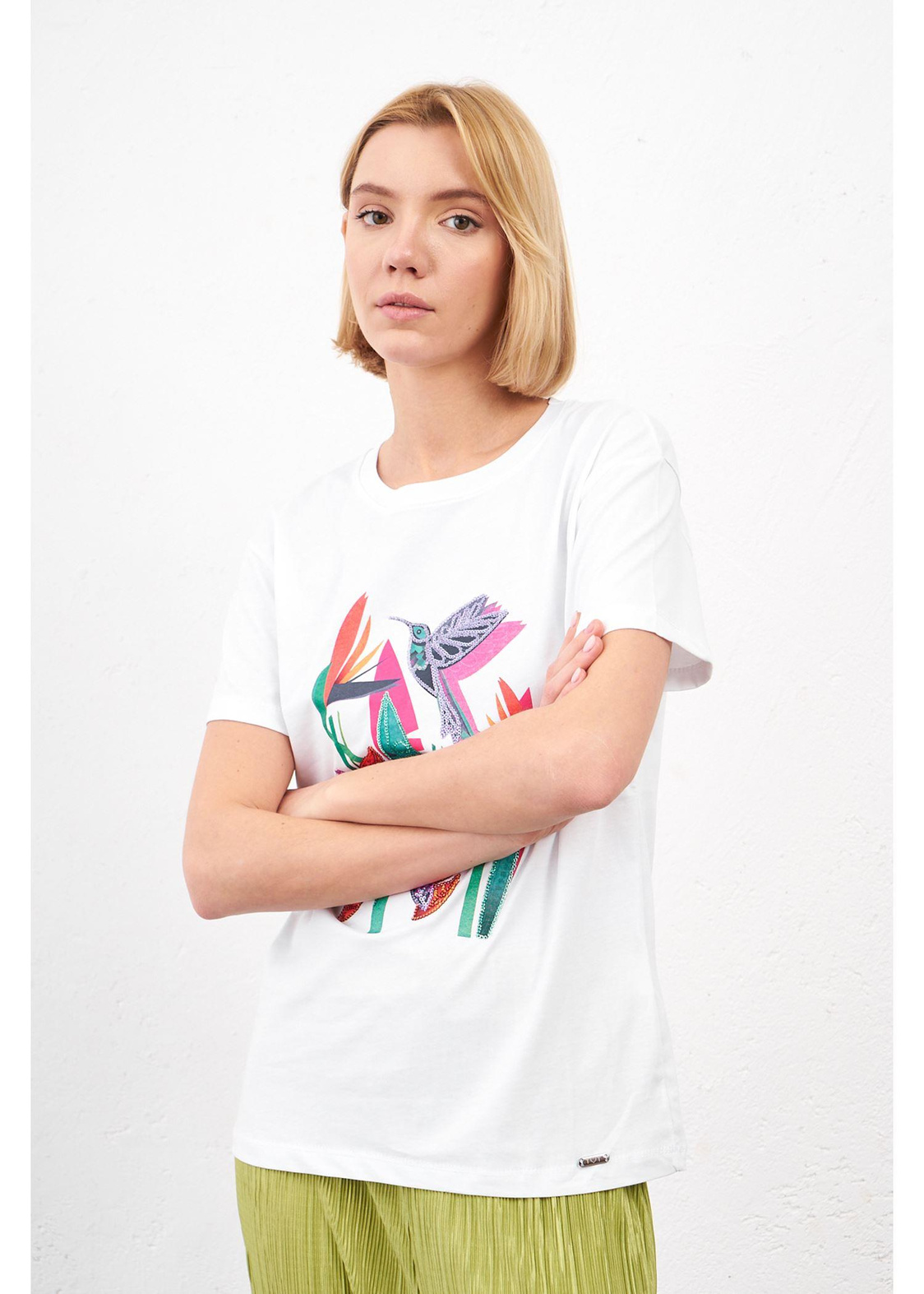 Kuş Baskılı T-shirt-Beyaz