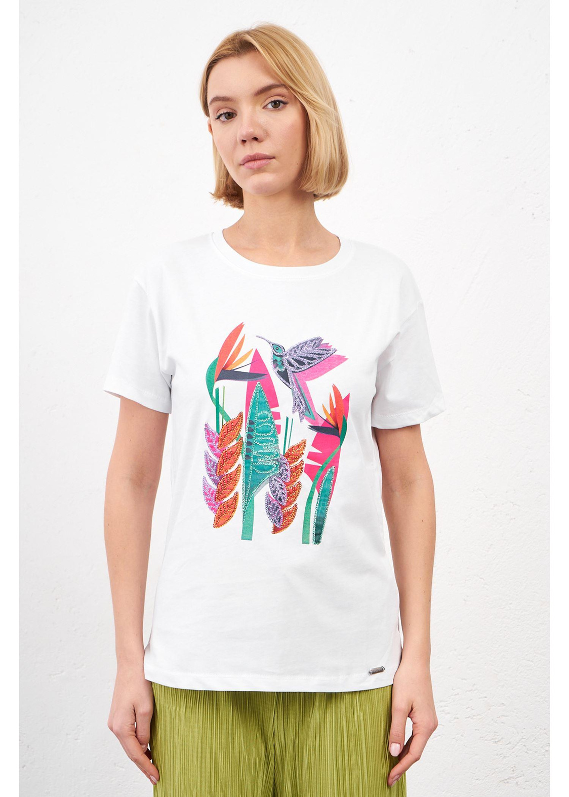 Kuş Baskılı T-shirt-Beyaz