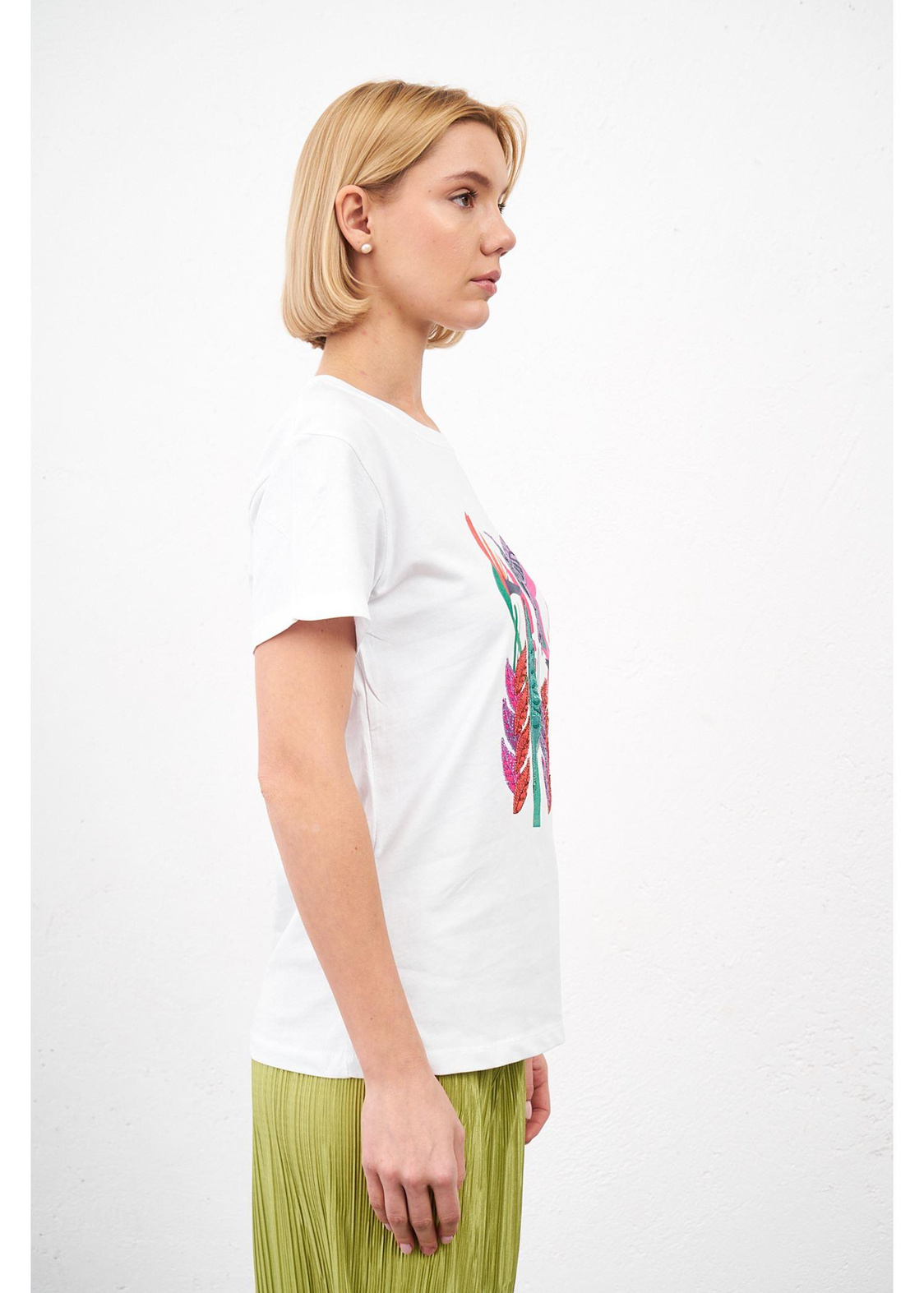 Kuş Baskılı T-shirt-Beyaz