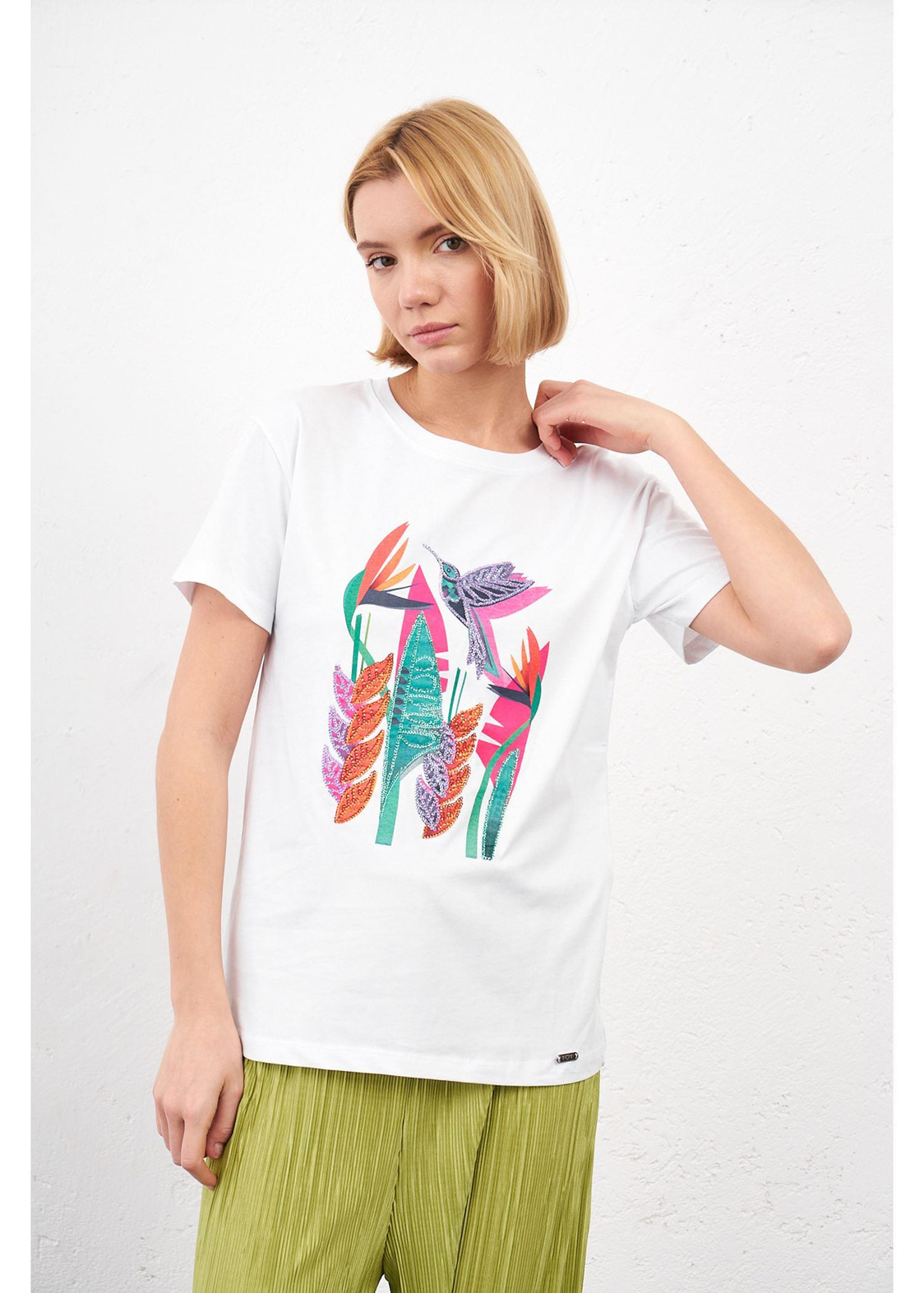 Kuş Baskılı T-shirt-Beyaz