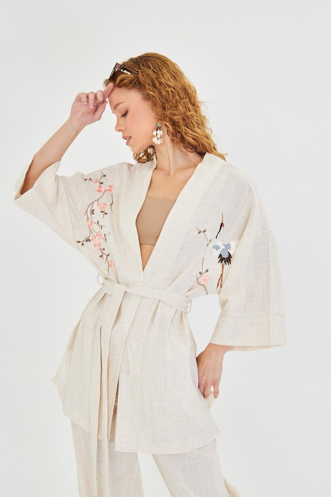 Kuş Nakışlı Keten Kimono