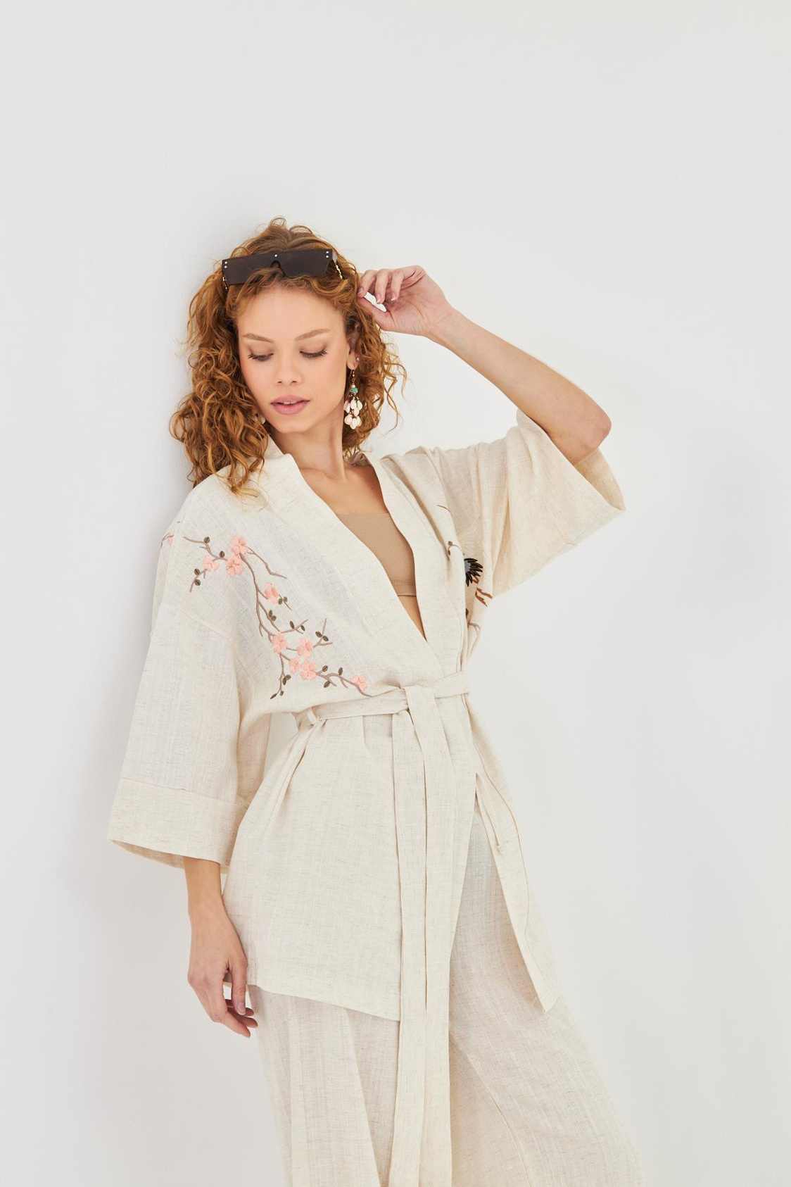 Kuş Nakışlı Keten Kimono