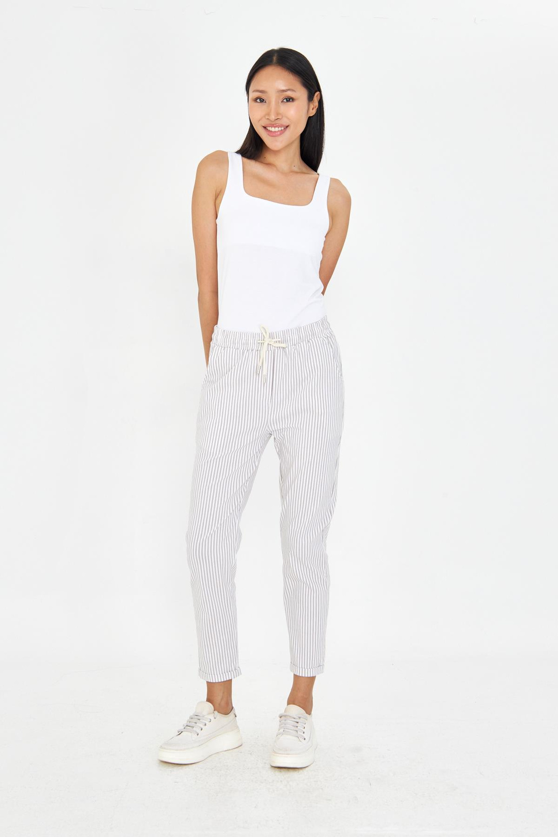 Lastikli Çizgili Chino Pantolon