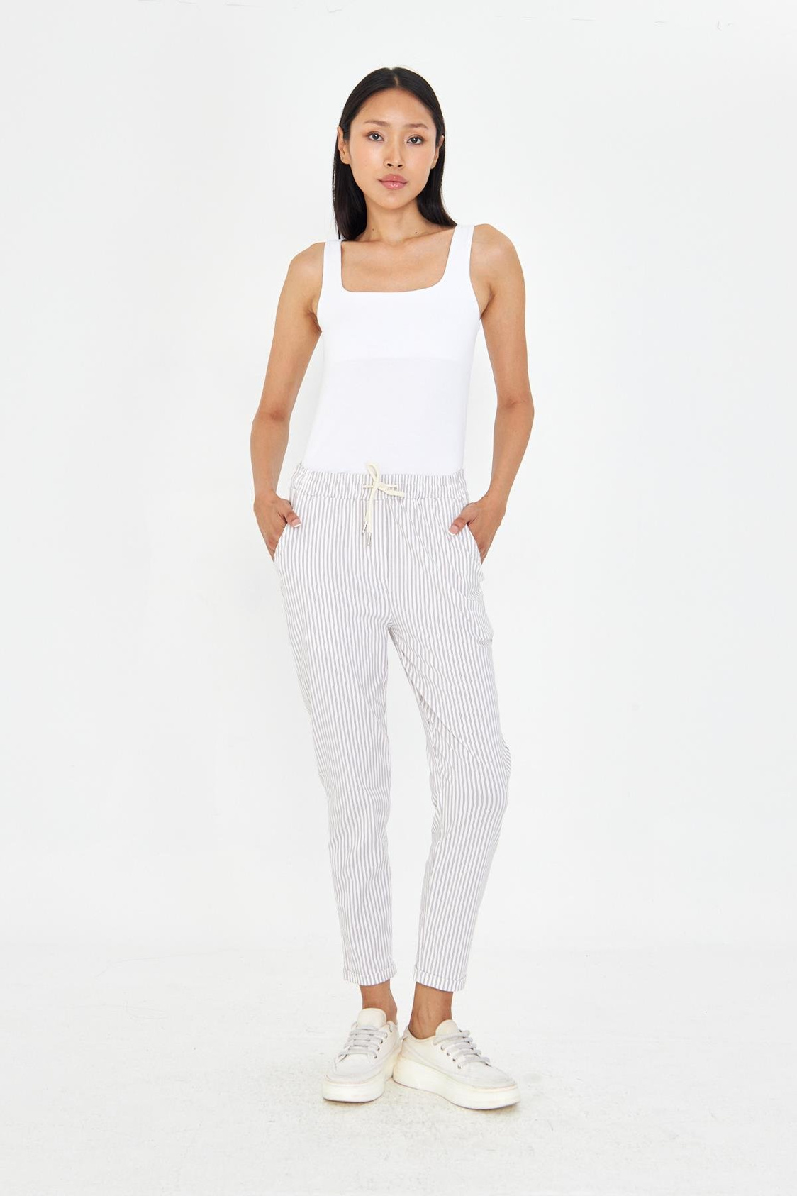 Lastikli Çizgili Chino Pantolon