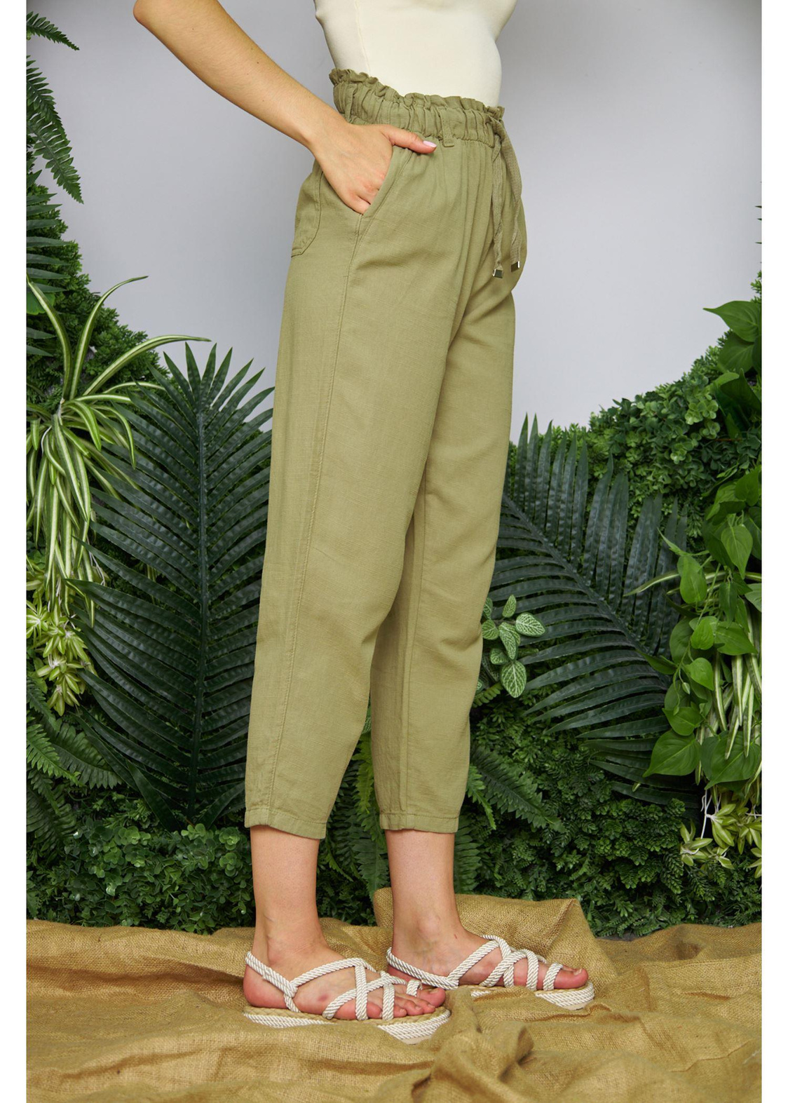 Lastikli Gabardin Pantolon-Haki