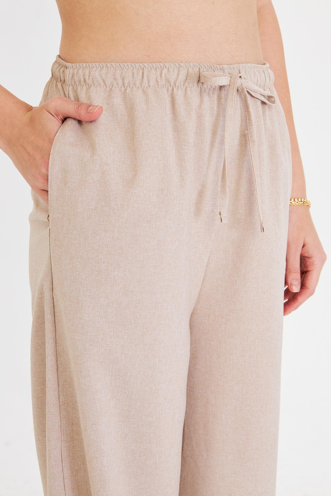Lastikli Yandan Cepli Poliviskon Pantolon - Bej