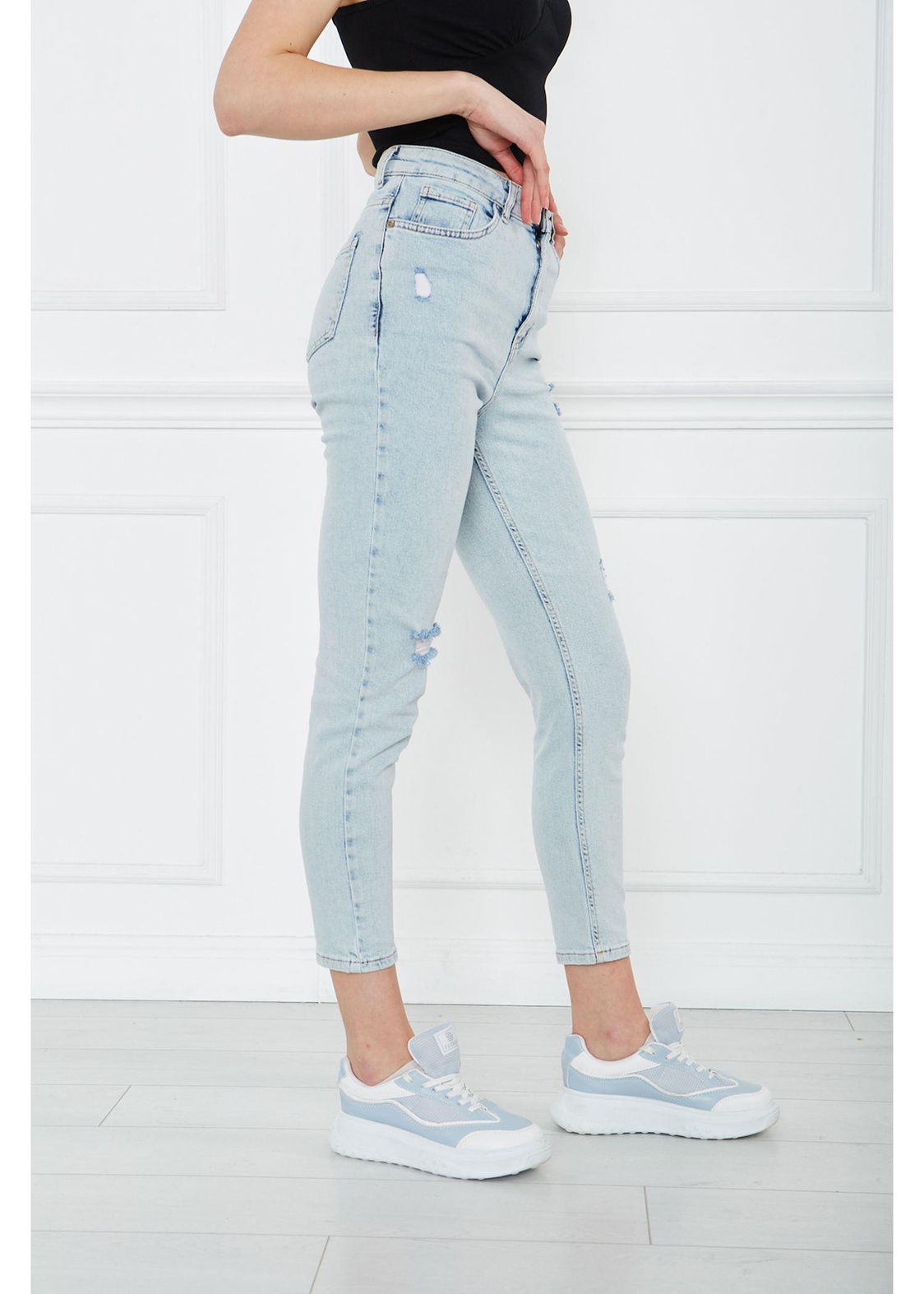 Lazer Kesim Denim Pantolon-Mavi
