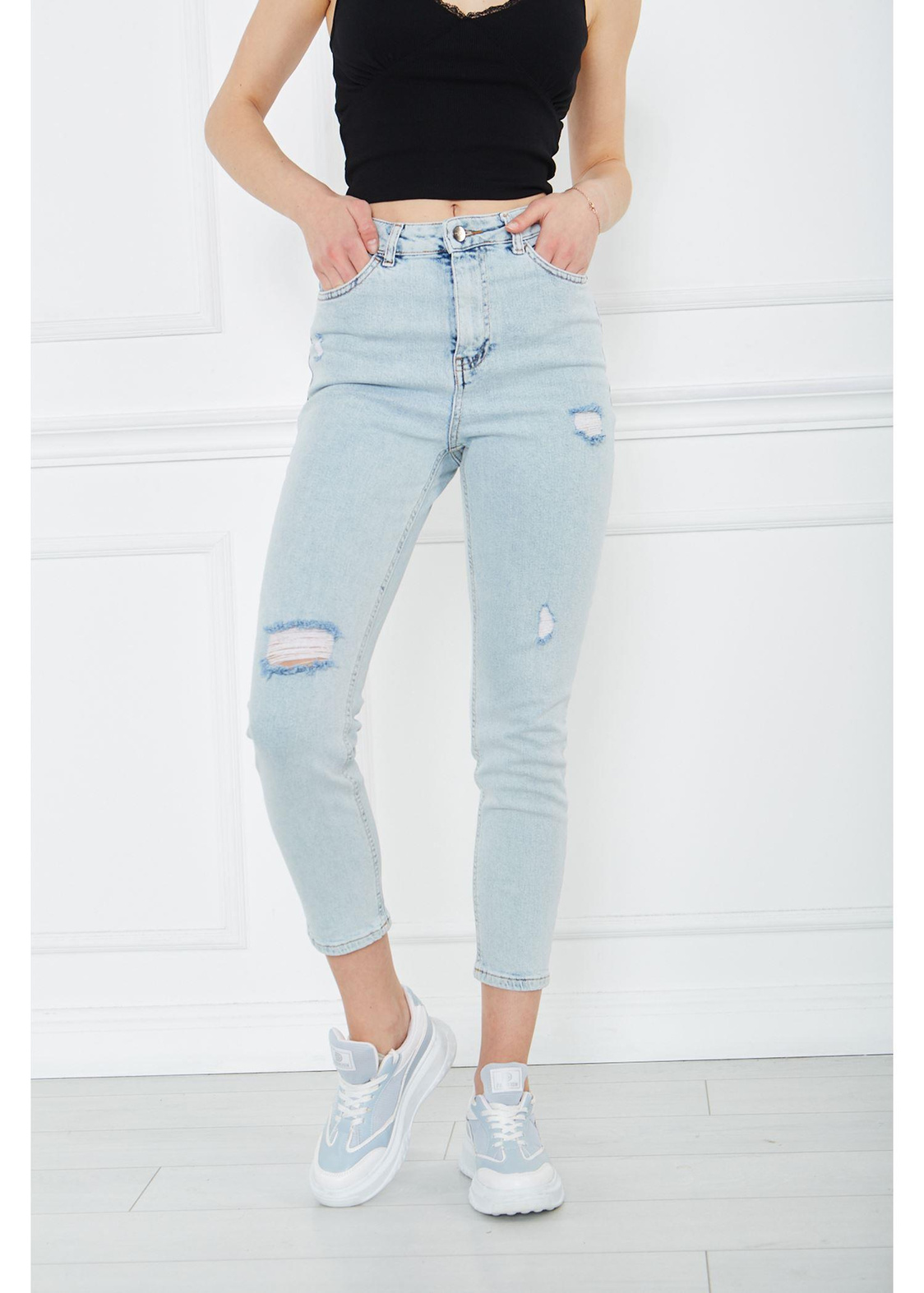 Lazer Kesim Denim Pantolon-Mavi