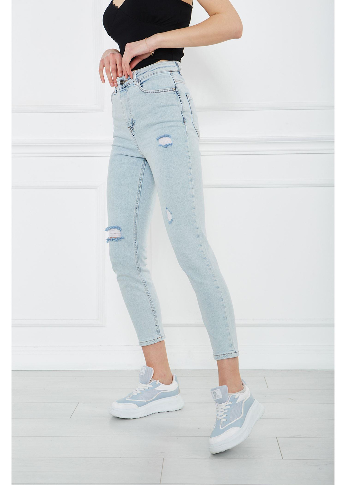 Lazer Kesim Denim Pantolon-Mavi