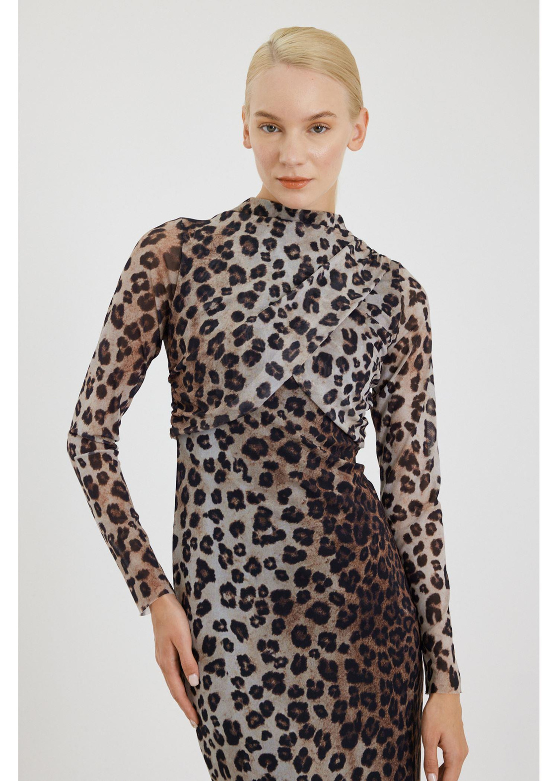 Leopar Desen Allerli Tül Elbise-Vizon