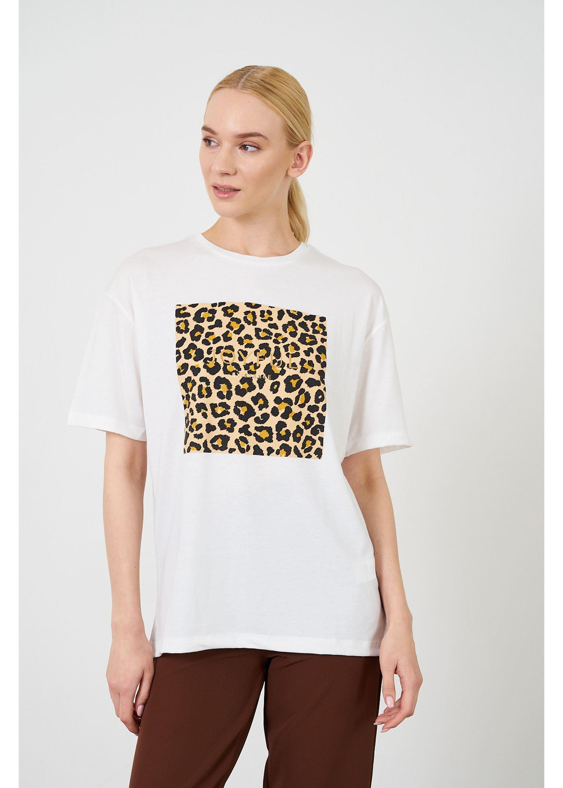 Leopar Desen Baskılı T-shirt-Ekru