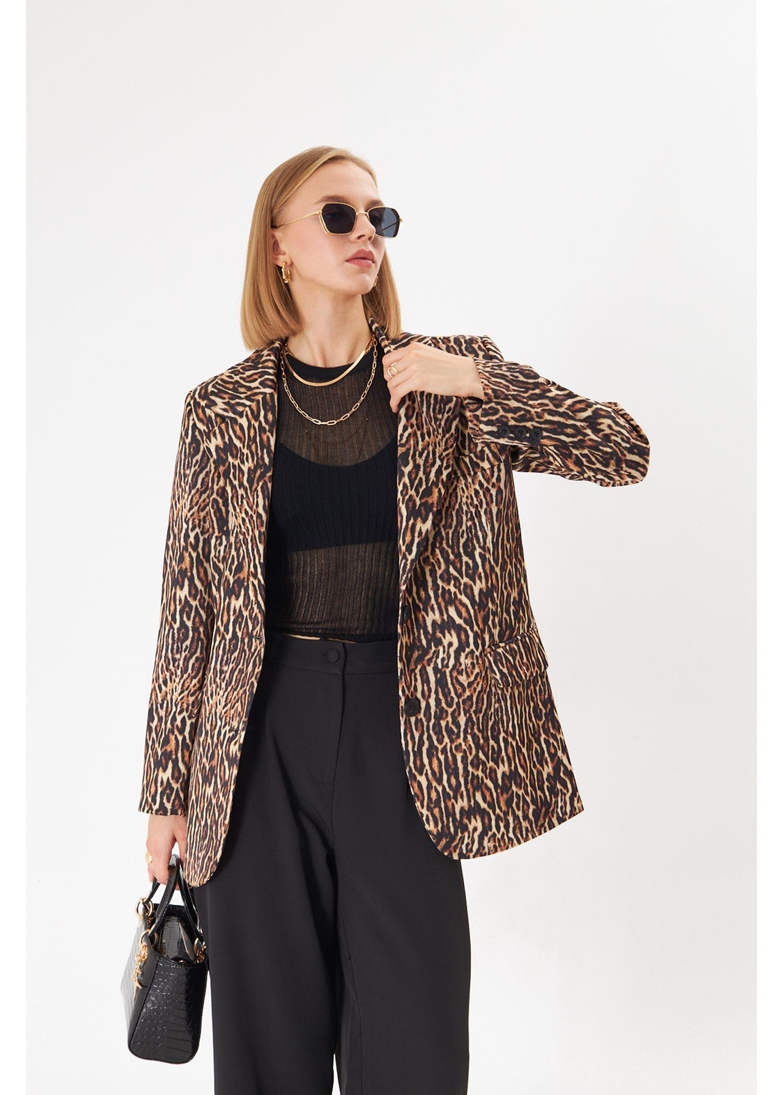 Leopar Desen Blazer Ceket