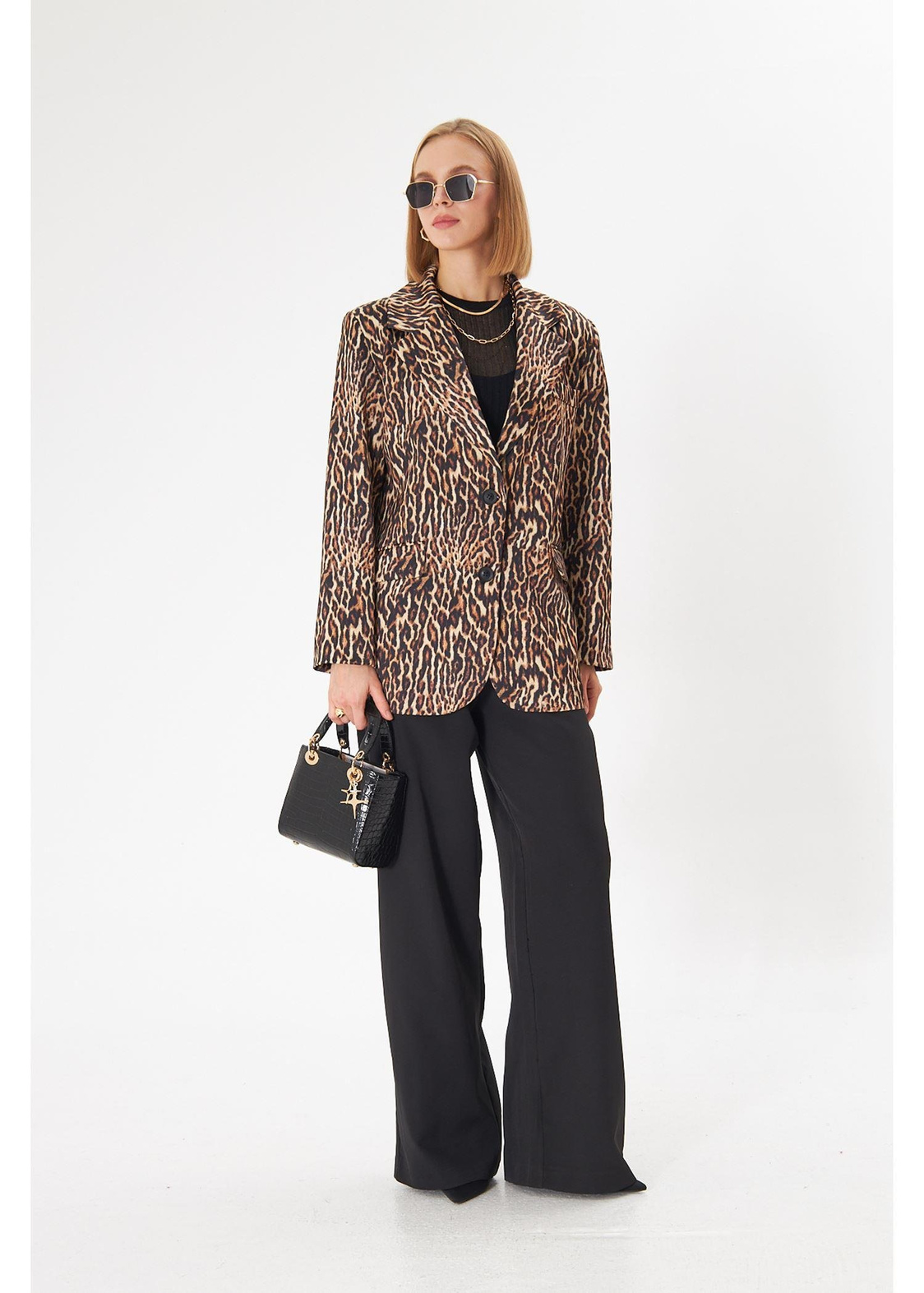 Leopar Desen Blazer Ceket