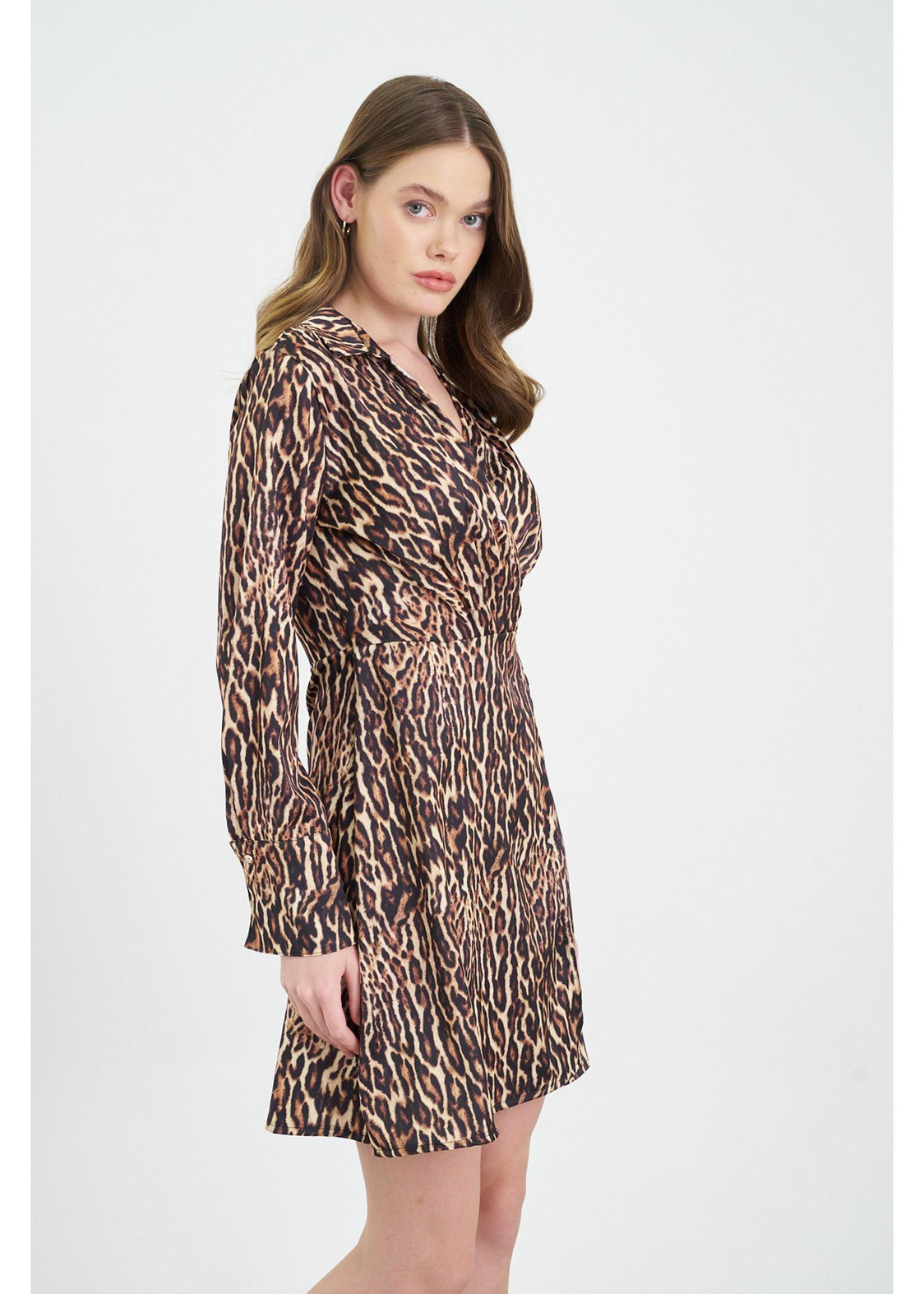 Leopar Desen Kruvaze Yaka Saten Elbise-Vizon